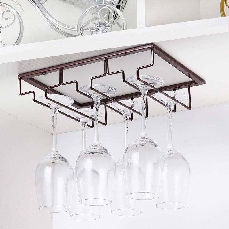 FOMANSH Wine Glass Rack - Under Cabinet Stemware Wine Glass Holder Glasses Storage Hanger Metal Organizer for Bar Kitchen Brown - Image 2